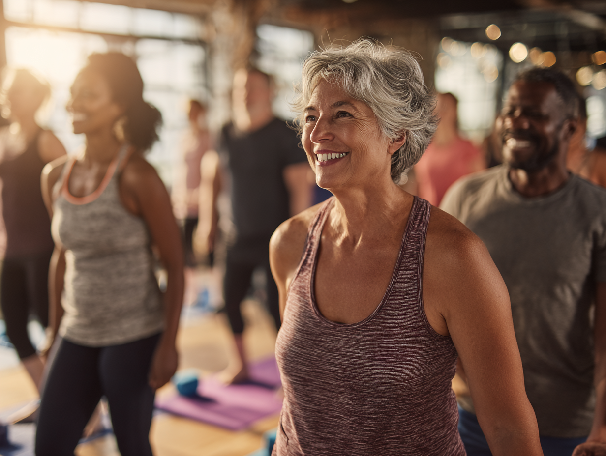 Група людей різного віку виконує фітнес вправи