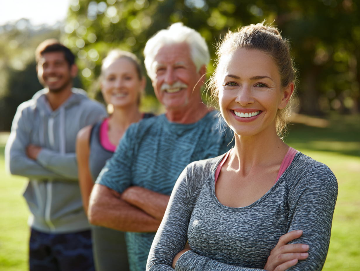 Люди різного віку займаються спортом на природі